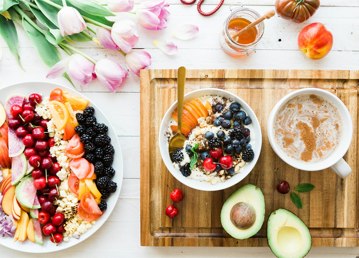 Healthy nutrition with fresh fruits, yogurt, and avocado